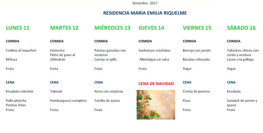 Menú del 11 al 16 de diciembre