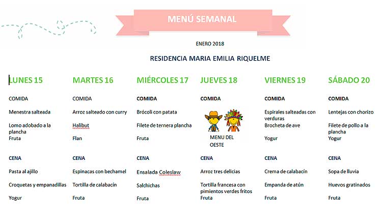 Menú del 15 al 20 de enero 2018