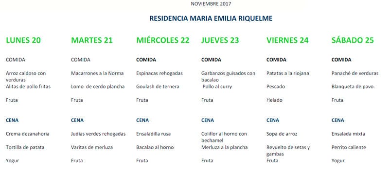 Menú del 20 al 25 de noviembre